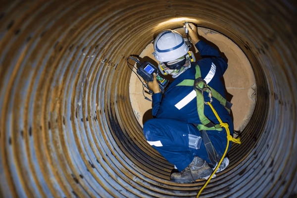 Tehnicieni rope access pe structură industrială legată de CCUS